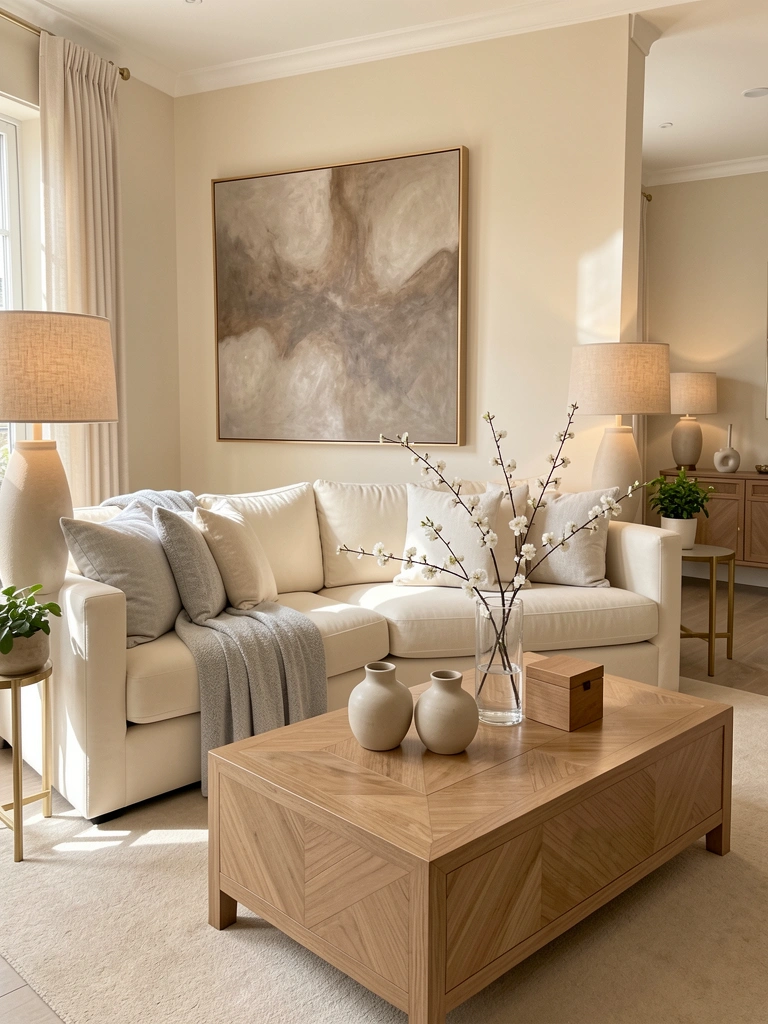 Luz natural incide sobre sofá creme com manta cinza, mesa de madeira com vasos cerâmicos e quadro abstrato em tons neutros.