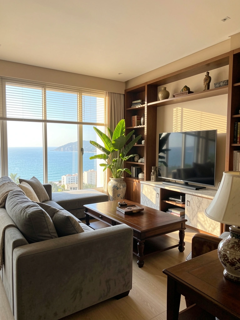 Sofá cinza volumoso, mesa de centro de madeira escura e vaso com planta tropical sob luz natural intensa de janelão com vista para o oceano.