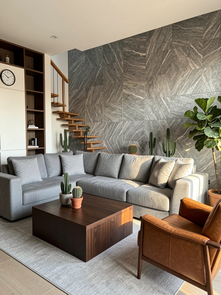 Sofá cinza amplo, parede de pedra texturizada e escada de madeira em sala iluminada por luz natural que destaca o contraste de materiais.