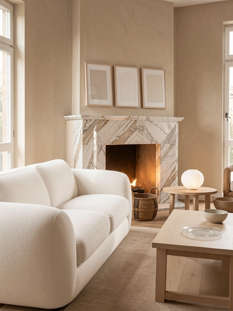 Sofá branco arredondado, lareira de mármore com veios, três quadros minimalistas e luminária de papel redonda sobre mesa baixa de madeira.
