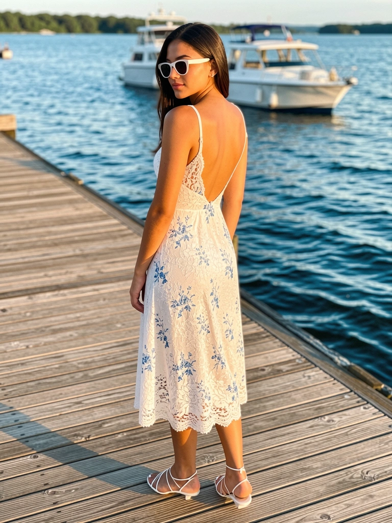 Jovem de vestido branco com estampa floral azul e sandálias finas em passarela de madeira, barco ao fundo e luz natural intensa.