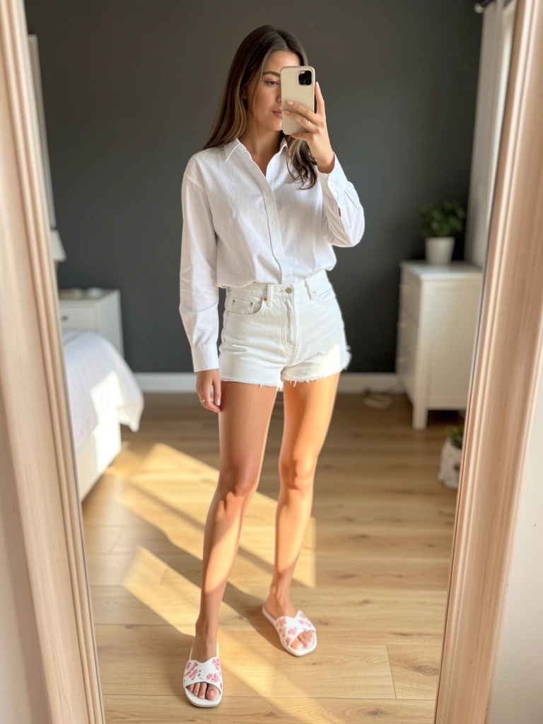 Jovem de camisa branca e shorts jeans claros faz selfie em quarto com parede cinza escura e sandálias floridas no chão, luz natural.