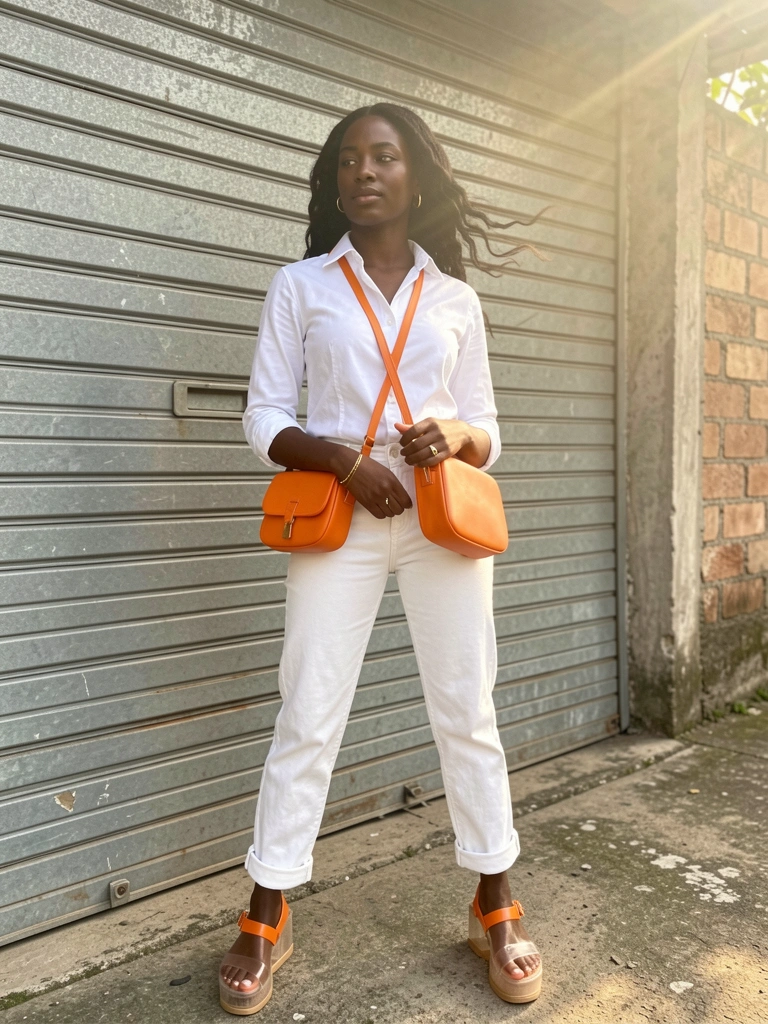 Jovem negra de camisa branca e calça jeans clara, segurando bolsa laranja, em frente a porta de garagem metálica texturizada, luz natural suave.