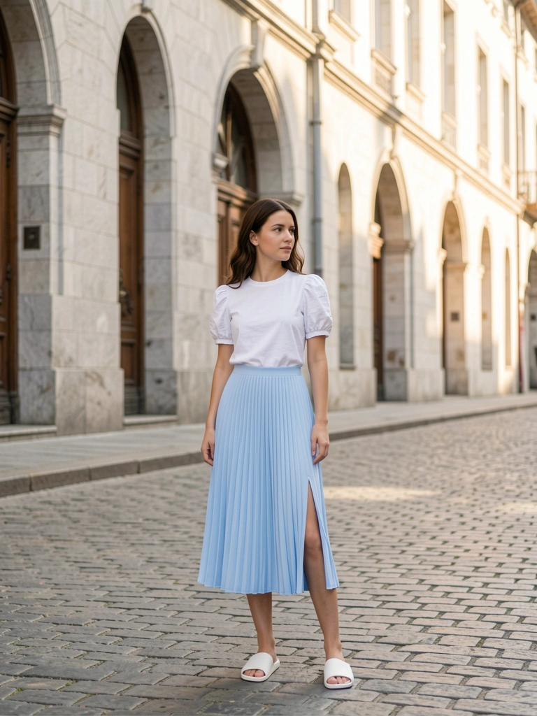 Mulher em vestido azul claro de pregas e sandálias brancas em rua de pedra, edifícios de pedra clara com arcos ao fundo, luz natural quente.