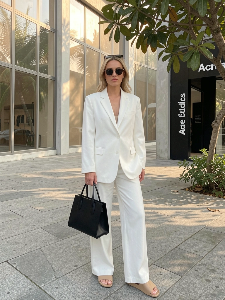 Mulher de blazer branco oversized e calça wide-leg bege, bolsa preta estruturada e óculos escuros, em calçada de pedra cinza com loja Acne Studios ao fundo e luz natural filtrada por folhas.