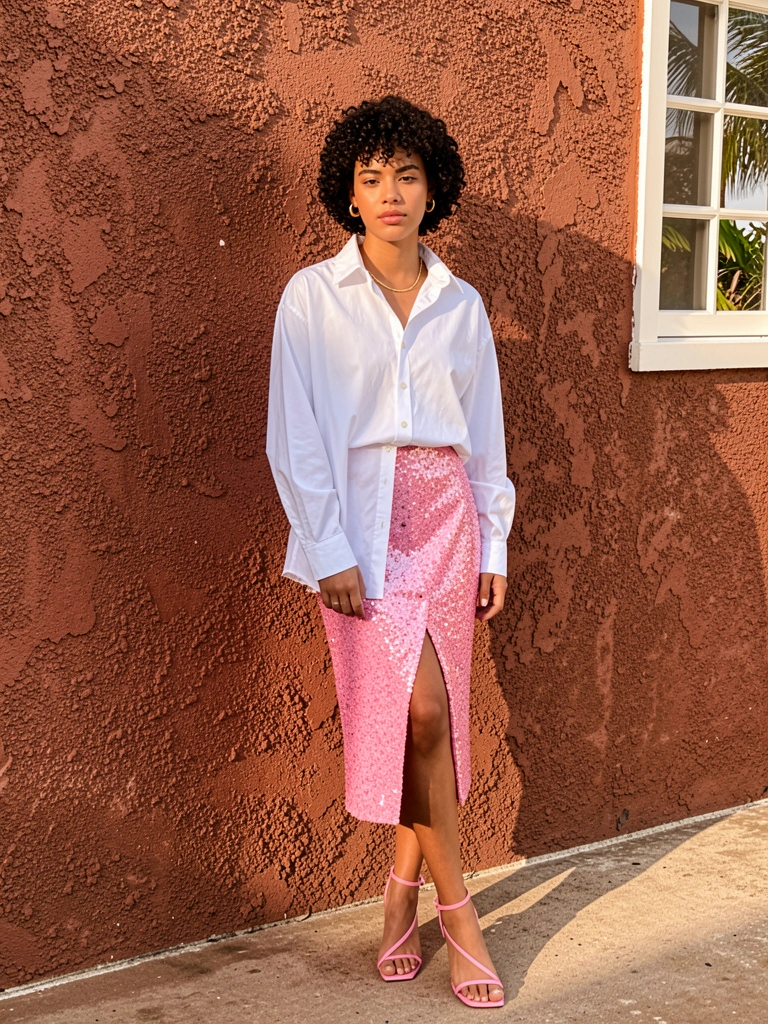 Mulher de cabelo cacheado curto com camisa branca oversized, saia midi rosa de paetês e sandálias de tiras, em frente a parede de estuque marrom-avermelhada com janela branca.