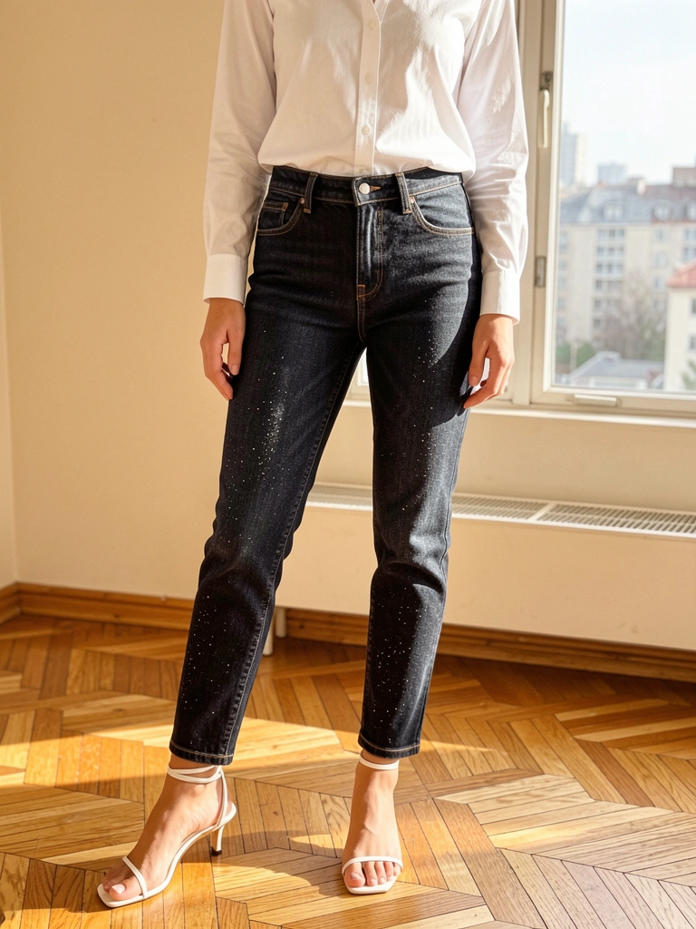 Mulher com camisa branca e jeans com brilho sutil, sandália de tiras finas, luz natural em sala com piso de madeira e vista urbana.