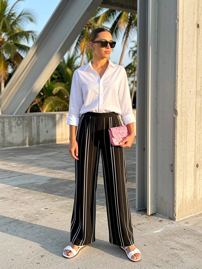Mulher de camisa branca e calça preta listrada segurando bolsa rosa com padrão de concha, ao ar livre com estrutura de concreto e feixe metálico cinza, luz natural quente.