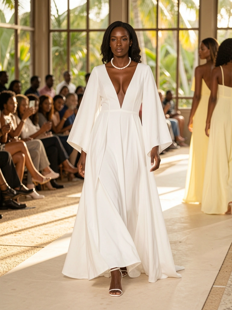 Mulher negra desfilando em vestido branco fluido com decote profundo e mangas amplas, colar de pérolas, saltos finos, plateia desfocada e luz natural de janelas.