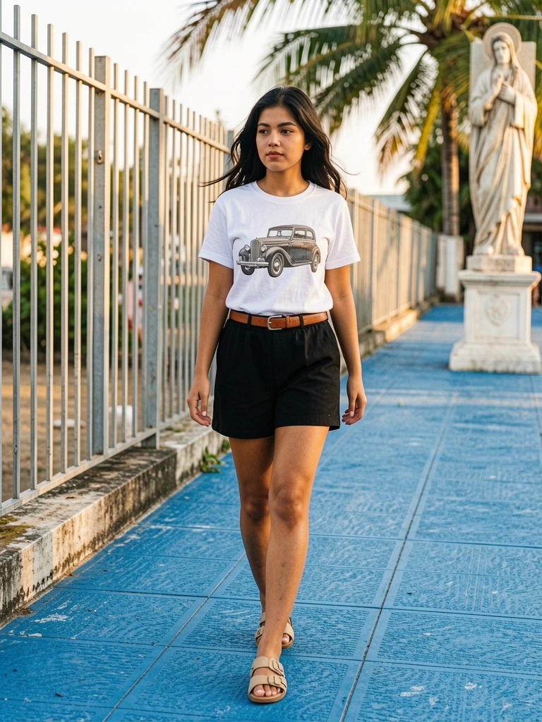 Jovem de camiseta branca com estampa de carro antigo, shorts preto e cinto marrom sobre calçada azul, estátua religiosa à direita, luz natural tropical.