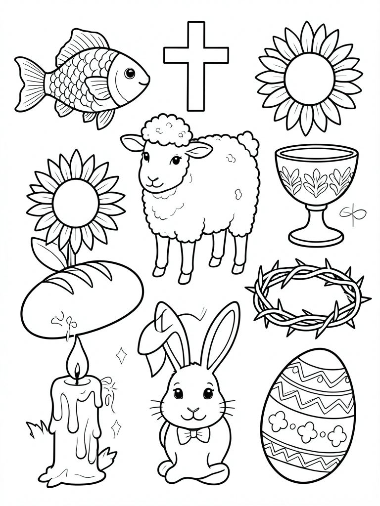 Coleção de símbolos da Páscoa em preto e branco: peixe, cordeiro, cruz, girassol, cálice, pão, coroa de espinhos, vela, coelho e ovo decorado.
