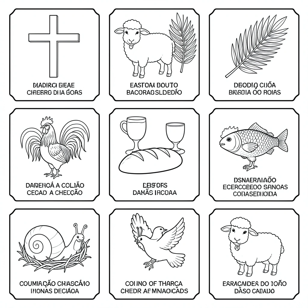 Seis cartões decorativos em preto e branco estilo coloring book, com símbolos cristãos como cruz, cordeiro, peixe e cálice, dispostos em grade sobre fundo branco.