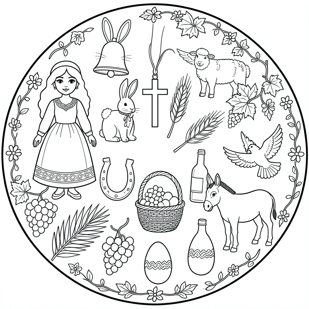 Página circular para colorir com símbolos da Páscoa: coelho, cruz, pomba, cacho de uvas e ovelha em traço preto sobre fundo branco.