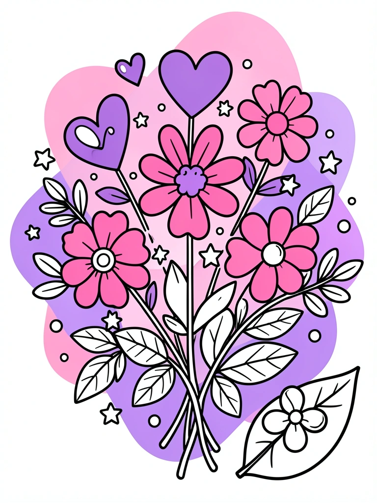 Página para colorir com flores estilizadas, corações roxos e estrelas em preto e branco, fundo branco.