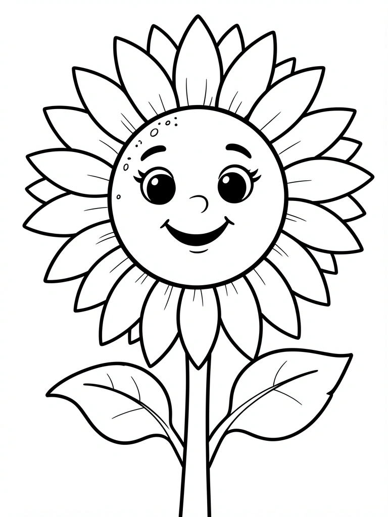 Grande girassol com rosto sorridente, pétalas detalhadas e folhas em arte linear preto e branco, fundo branco puro.