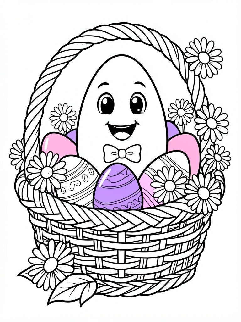 Cesta de vime trançada com ovos de Páscoa coloridos e margaridas brancas, em estilo de livro de colorir preto e branco.