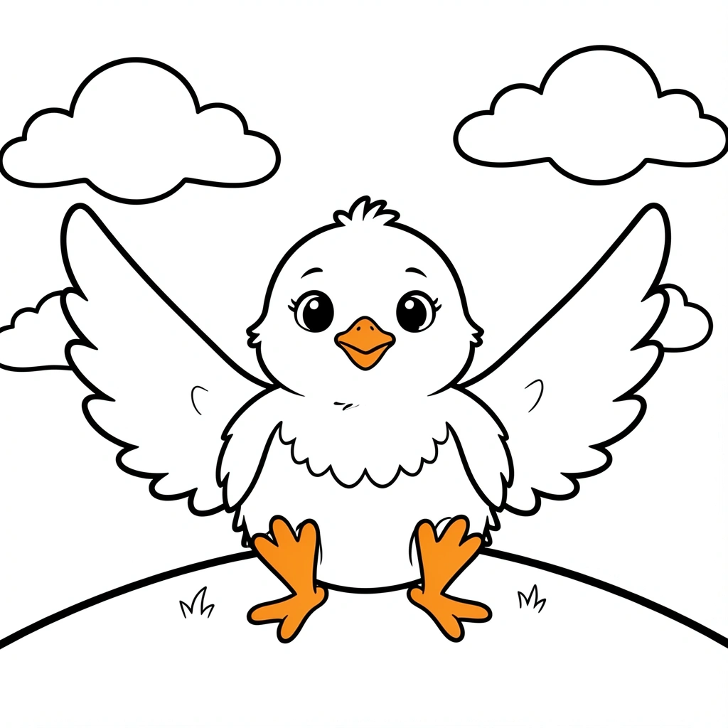 Pintinho sorridente com bico e pés alaranjados sentado em um monte sob céu com nuvens, asas simétricas, arte linear preto e branco.