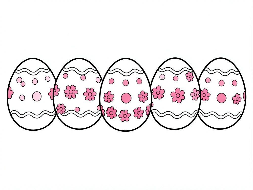 Seis ovos de Páscoa decorativos em preto e branco, com padrões de bolinhas, flores e bordas curvas, dispostos em fileira horizontal sobre fundo branco.