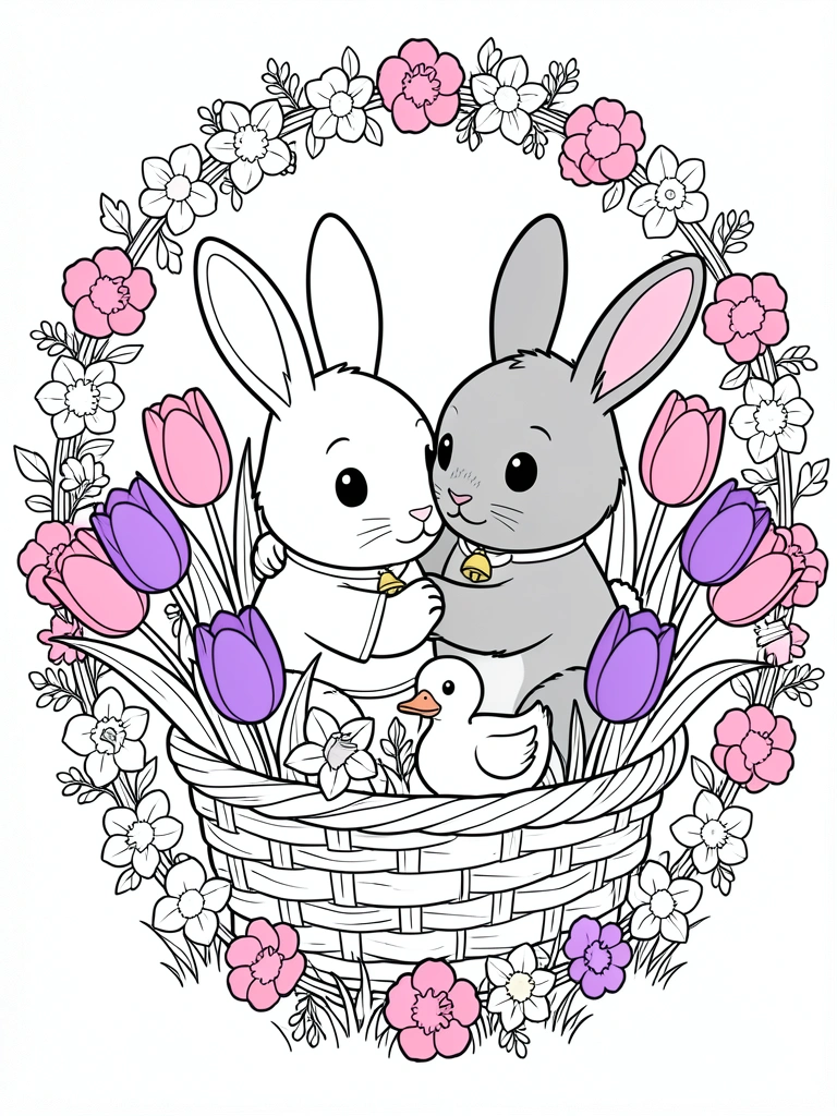 Coelhos abraçados em cesta de vime com tulipas e narcisos, patinho entre flores, moldura floral em preto e branco.