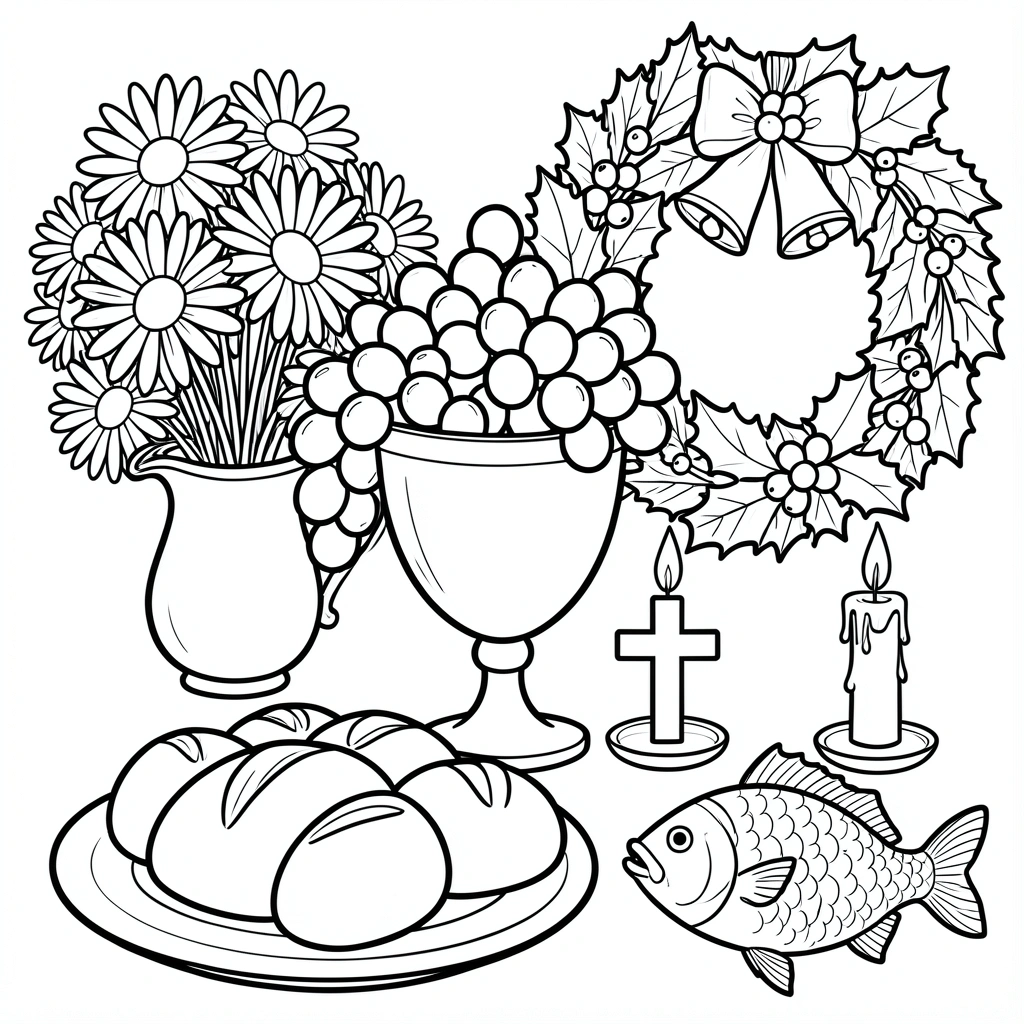 Cálice dourado com uvas, buquê de margaridas, guirlanda com azevinho e sinos, prato de pães, vela, cruz e peixe em linhas pretas grossas sobre fundo branco.