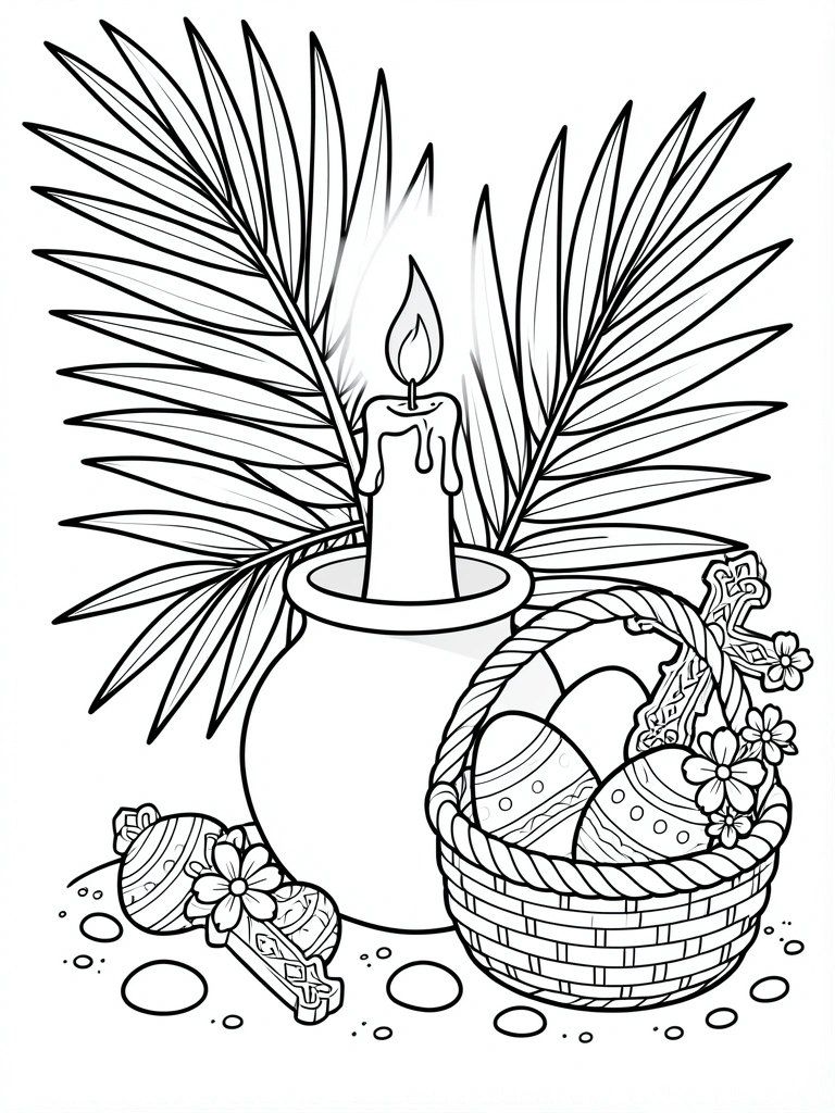 Vaso de cerâmica com vela acesa, folha de palmeira, ovos de Páscoa em cesto com cruz e flores brancas, base de areia e pedras.