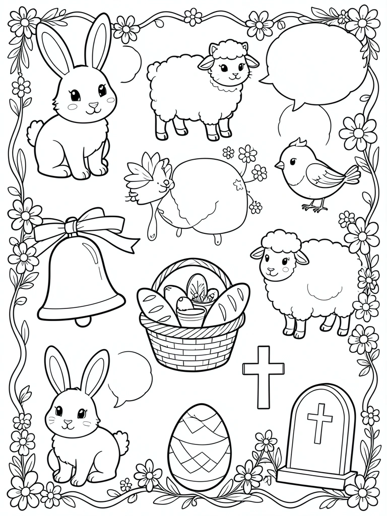 Coelho, cordeiro e gato em preto e branco com elementos florais e sinos, página de colorir infantil.