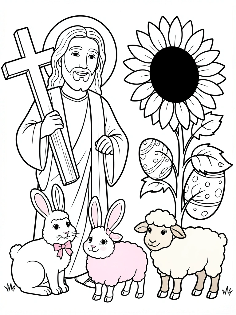 Jesus sorridente com barba e túnica segurando uma cruz de madeira, ao lado de um coelho branco com laço rosa, um girassol, um ovo de Páscoa pintado, uma ovelha rosa e um cordeiro marrom, todos em estilo de colorir com traços pretos.