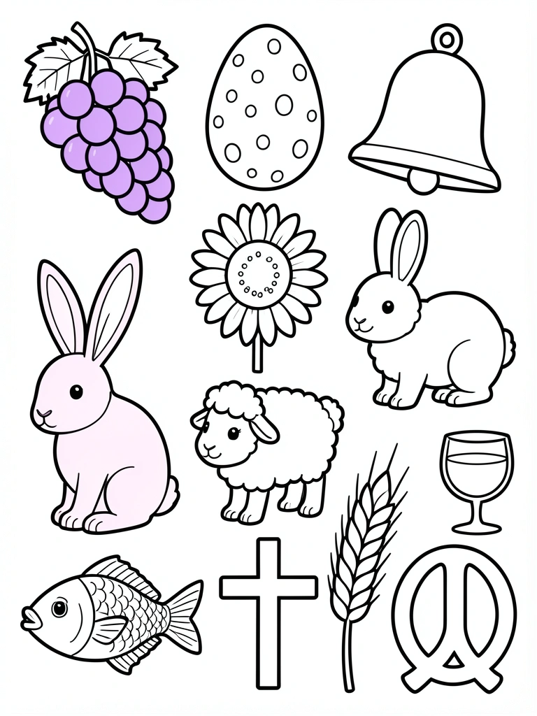 Página de colorir com coelhinho, ovo pintado, sino, girassol, cordeiro, peixe, cálice de vinho, cruz, espiga de trigo e ômega em traços pretos grossos sobre fundo branco.