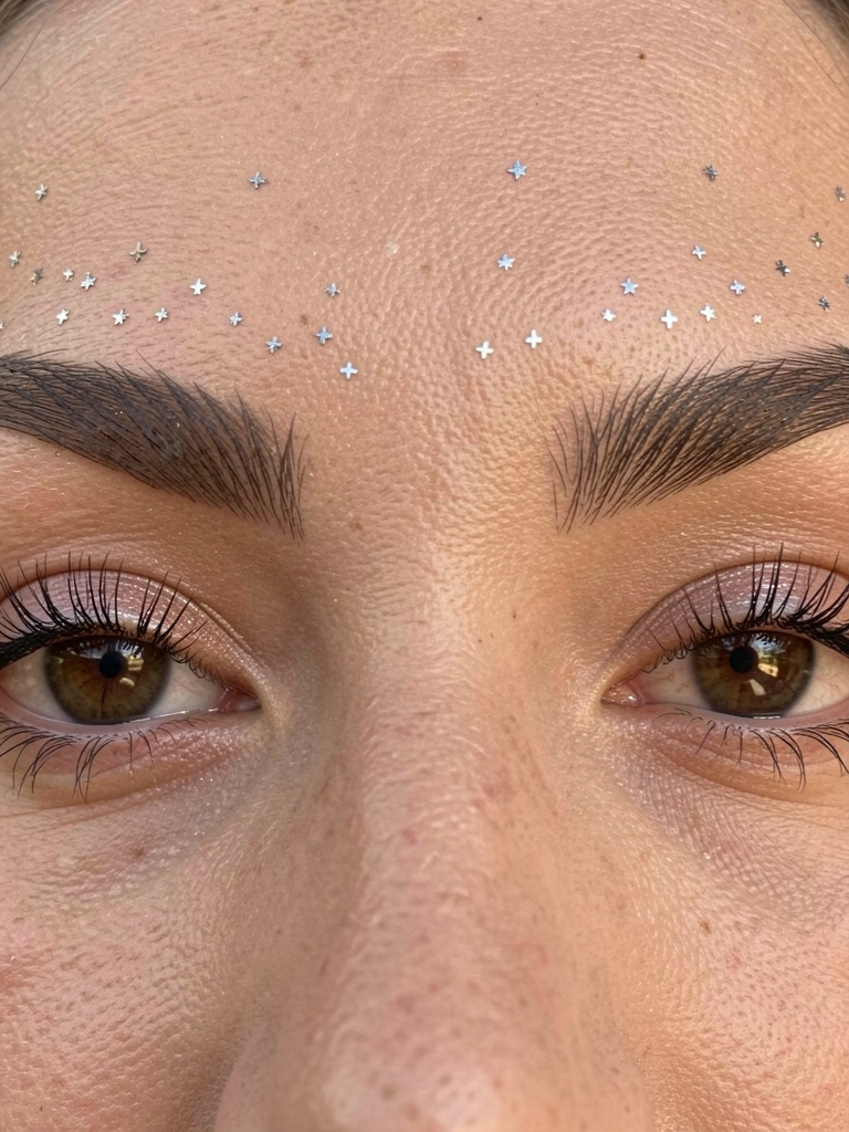 Close-up de olhos femininos com sobrancelhas retas e cílios postiços, glitter prateado em forma de estrela sobre a pele, luz natural suave e fundo desfocado.