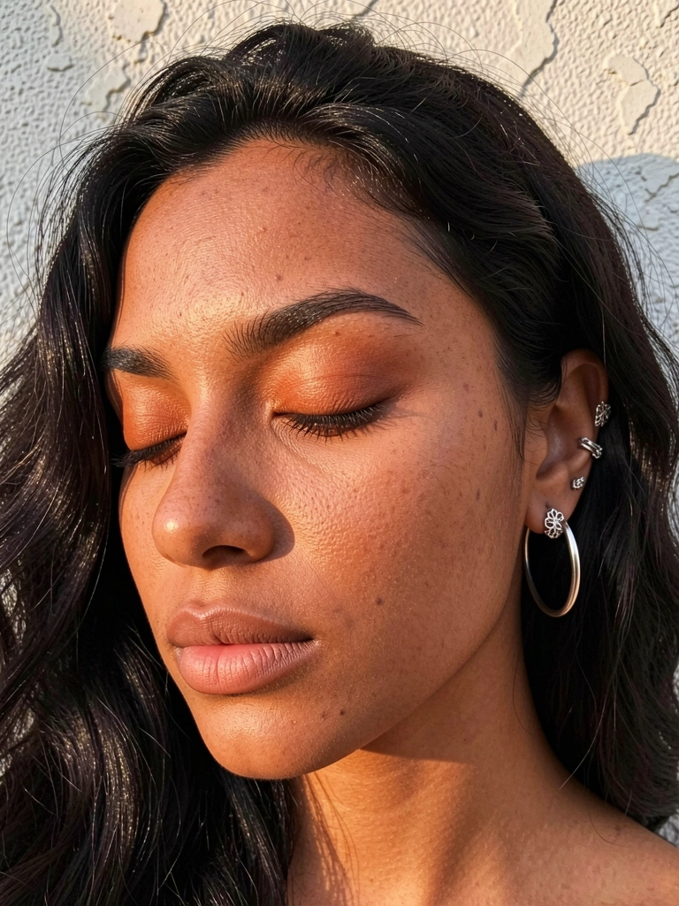 Jovem de cabelos escuros e ondulados, olhos fechados, brincos de prata, pele com textura natural, parede de estuque clara com sombras suaves.