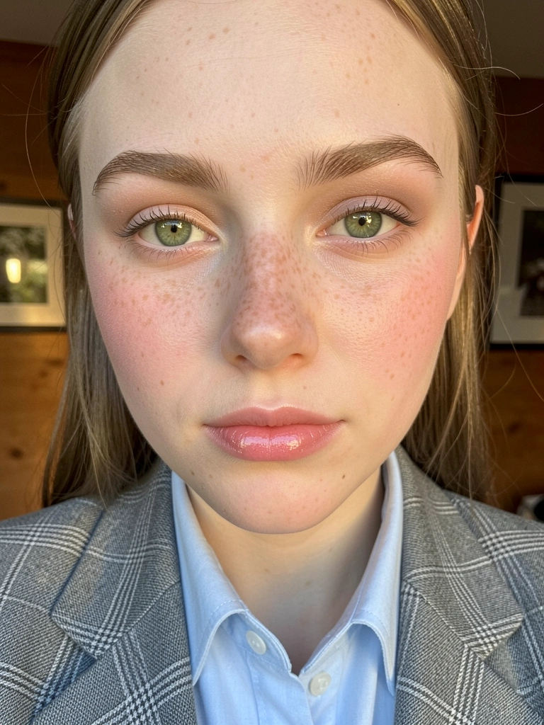 Close-up de jovem com sardas, batom rosa glossy e paletó xadrez cinza sobre camisa azul-clara, luz suave e fundo com moldura de madeira.