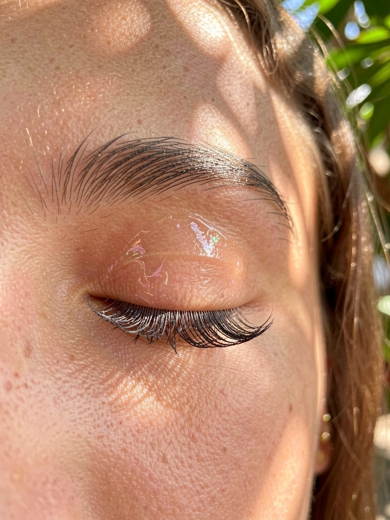 Close de olhos com cílios longos e escuros, gel fixador transparente com leve brilho, luz natural filtrada por folhas.