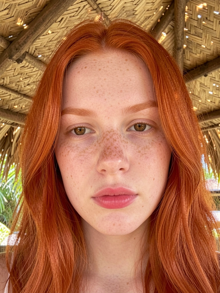 Jovem de cabelo ruivo e sardas, luz natural filtrada por teto de palha trançada.