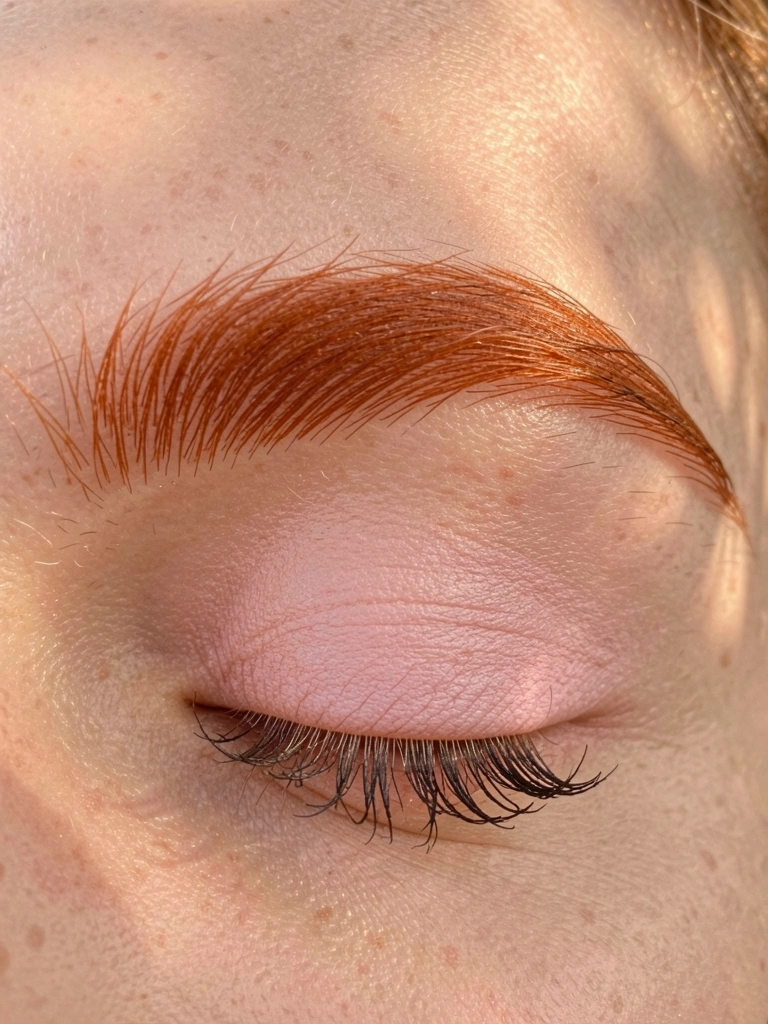 Olho fechado com sombra rosa clara, sobrancelhas ruivo-acastanhadas e cílios longos, luz natural difusa e fundo com tons tropicais.
