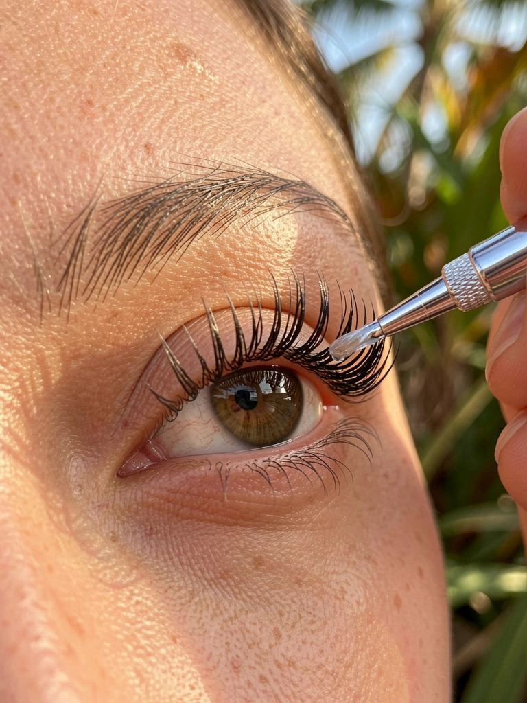 Close-up de olho feminino com cílios grossos e escuros recebendo óleo de rícino via aplicador prateado, luz natural quente e fundo desfocado de folhagens tropicais.