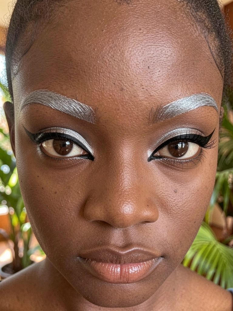 Close-up de mulher negra com olhos intensos, delineado preto alado e sombra metálica prateada, luz suave e fundo desfocado com folhagens tropicais.