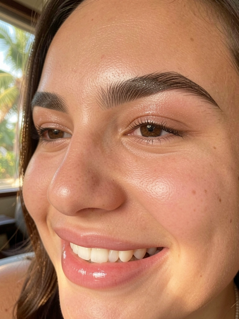 Close-up de rosto feminino com sobrancelhas definidas e brilho sutil, pele iluminada por luz natural difusa, lábios rosados e fundo desfocado com luz tropical.
