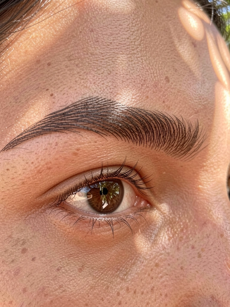 Primeiríssimo plano de sobrancelhas microblading com pigmento marrom escuro, pele com textura realista e olhos castanhos com reflexos, luz natural e folhagem desfocada ao fundo.