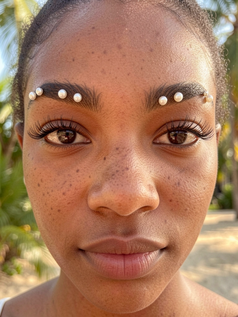 Pele negra com sardas, sobrancelhas espessas com pérolas, olhos castanhos e cílios longos sob luz natural difusa.