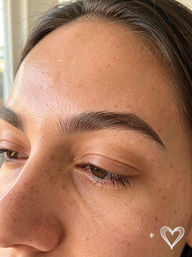 Close-up de sobrancelhas laminadas com textura macia e arco definido, pele com brilho natural, luz suave e coração gráfico no canto.