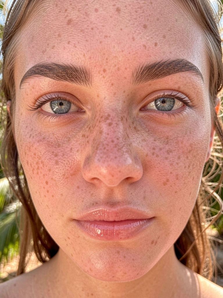 Close-up de mulher jovem com sardas, sobrancelhas definidas e olhos azuis brilhantes, pele luminosa sob luz natural, fundo tropical desfocado com folhagens.