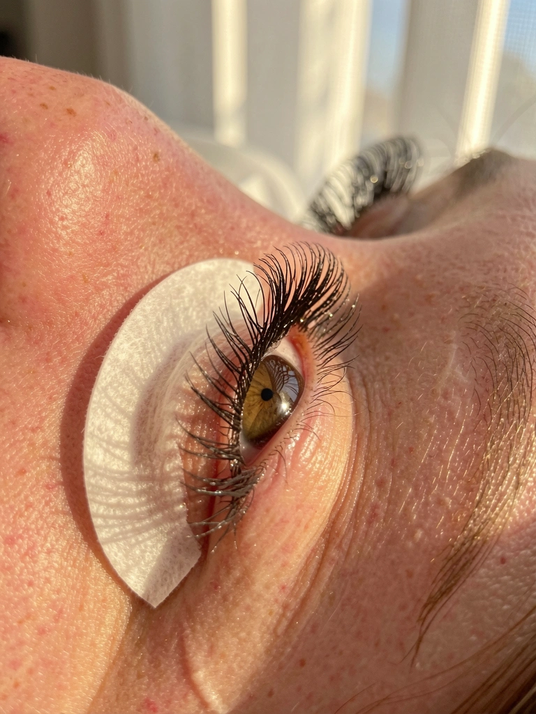 Close-up de olho feminino com cílios longos e escuros, brilhando com umidade, pele sutilmente texturizada e algodão macio sob o olho, luz solar quente ao fundo.