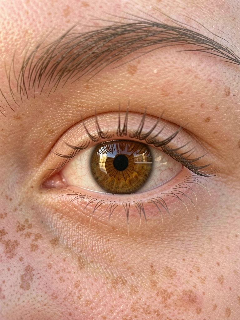 Olho castanho-dourado com cílios e sobrancelhas detalhados, sardas na pele, luz natural suave e fundo desfocado.