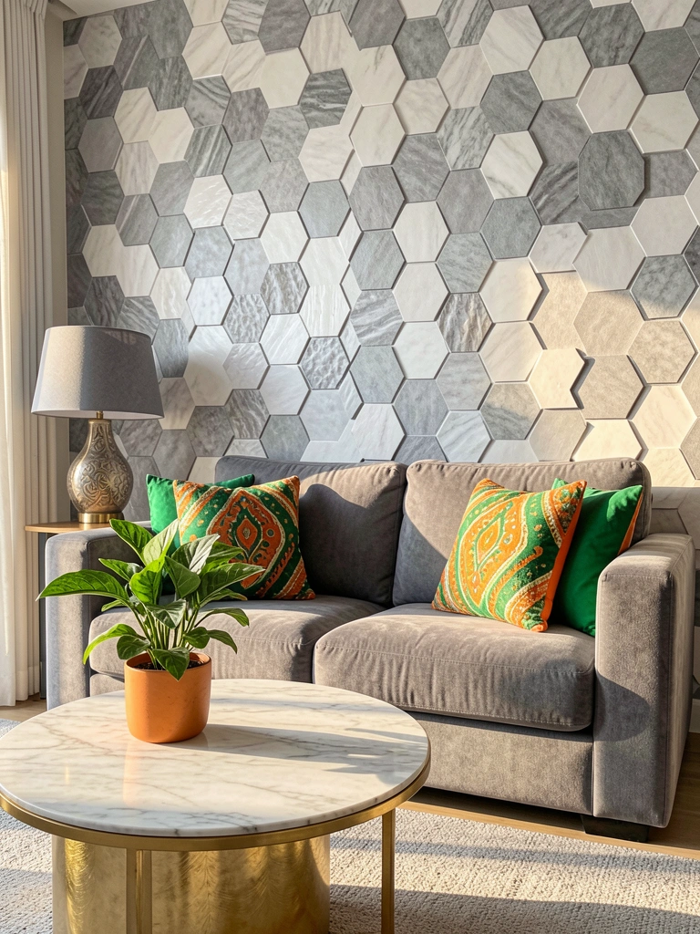 Sofá cinza com almofadas verdes e laranja, mesa de mármore redonda com base dourada, painel hexagonal texturizado cinza e branco sob luz natural.