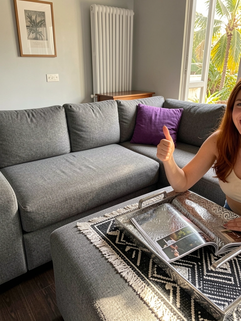 Sofá cinza grande com bandeja decorativa e revista aberta, radiador vertical e mulher de cabelo ruivo sorrindo com polegar para cima.