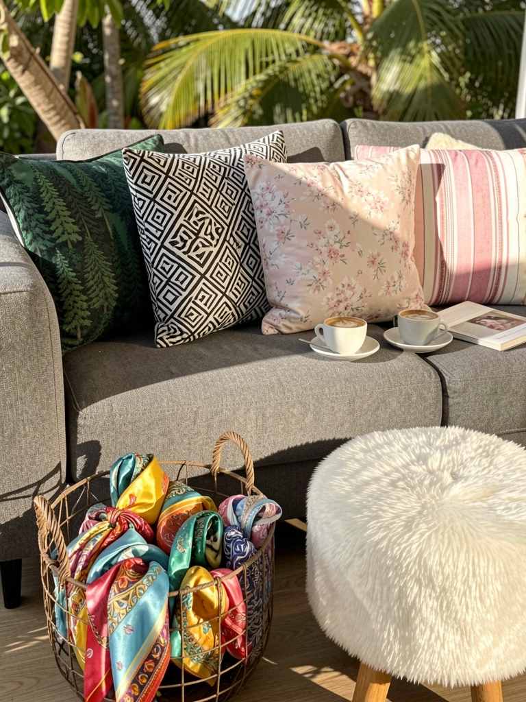 Almofadas com estampas verde floresta, geométrica preto e branco e floral rosa sobre sofá cinza, com cesta de vime cheia de lenços coloridos ao lado e pufe redondo de pelo branco na frente.