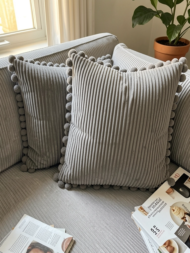 Luz natural incide sobre dois almofadas cinza de veludo cotelê com franjas de pompom, dispostas em sofá de tecido similar, revista e vaso ao fundo.