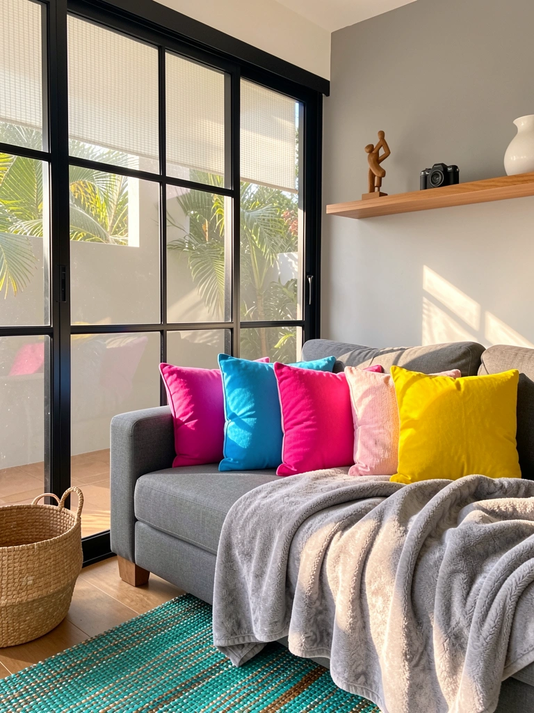 Luz natural incide sobre sofá cinza com almofadas coloridas, cesto de palha e vidro preto refletindo o ambiente.