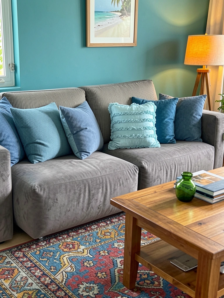 Sofá modular cinza com almofada listrada e travesseiro azul claro, mesa de madeira com livros e vaso verde, parede azul-petróleo.