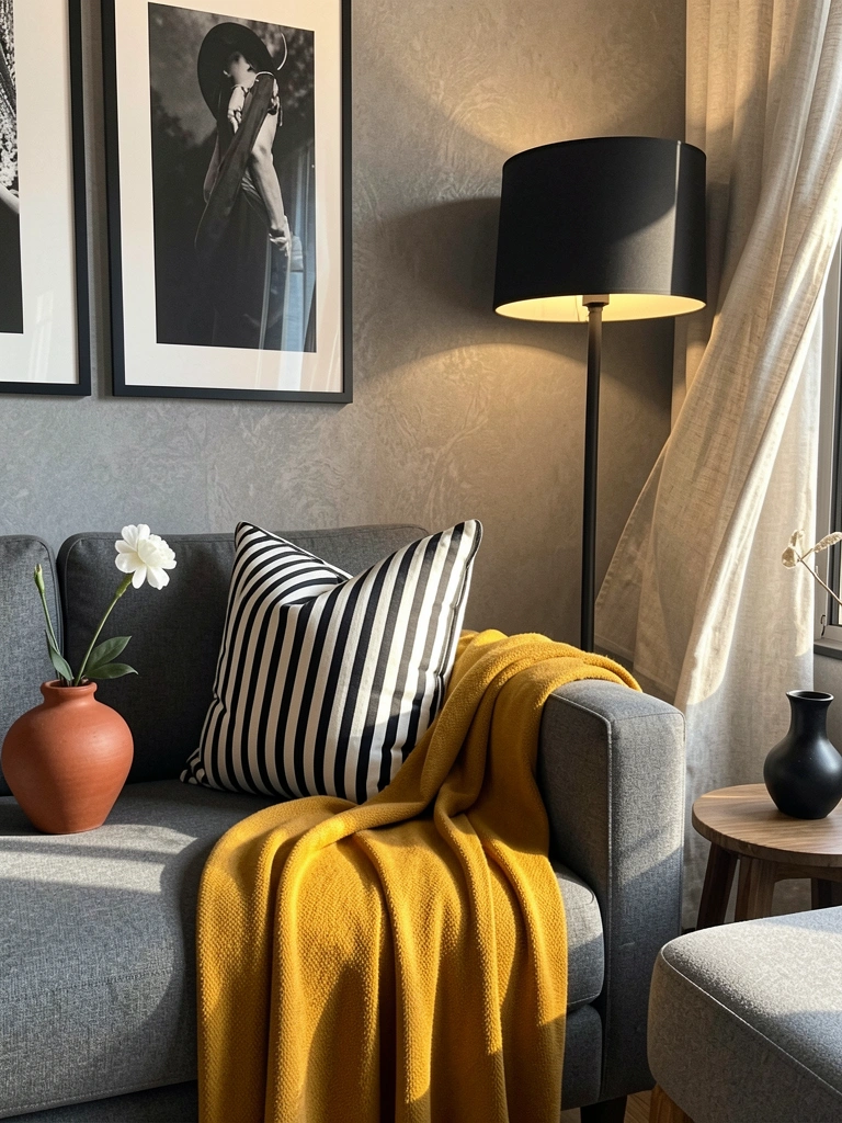Sofá cinza com almofada listrada, vaso terracota com flor branca e manta mostarda sobre o braço, luz natural e cortinas ao fundo.